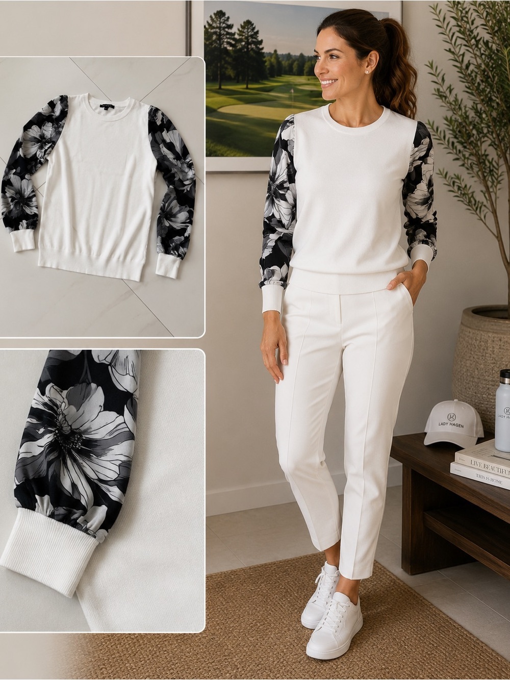 Zac & Rachel White Pullover with Black Floral Puff Sleeves